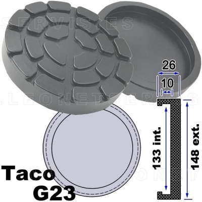 Taco de apoio redondo G23 em borracha preta com esquema técnico