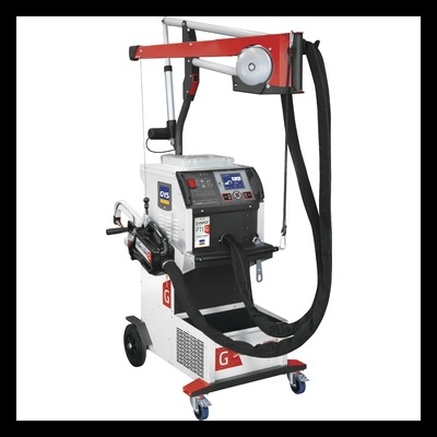 Máquina industrial móvel branca e vermelha com painel digital e cabos pretos