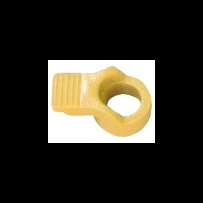 Peça plástica amarela com orifício circular e textura estriada.