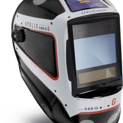 Máscara de soldar preta e branca com visor e detalhes vermelhos