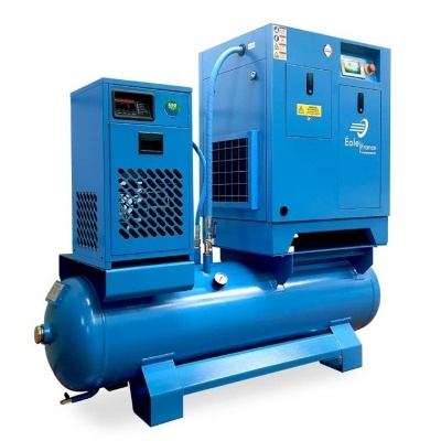 Compressor de ar azul com tanque e unidade de controlo