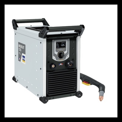 Máquina de soldar NEOCUT 125 cinza com detalhes a preto e pistola de soldadura