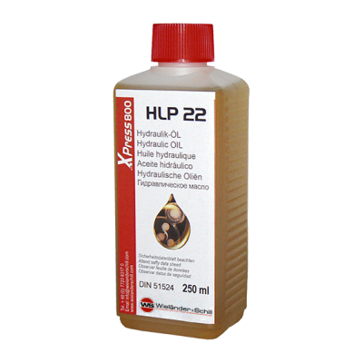 Frasco plástico com óleo hidráulico HLP 22 de 250 ml com rótulo branco e tampa vermelha