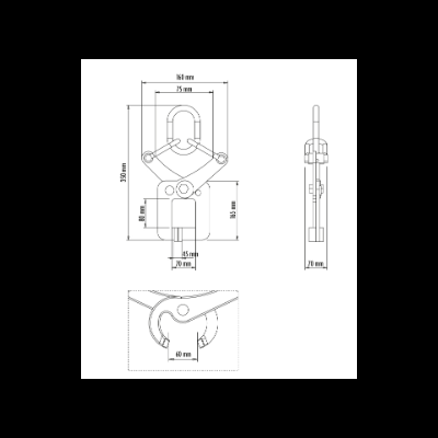 Desenho técnico de peça metálica com gancho e medidas em milímetros