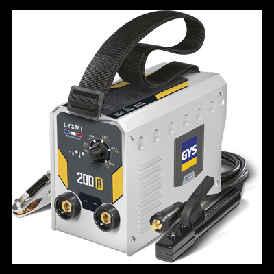 Máquina de soldar compacta GYSMI 200 A cinzenta, preta e amarela com cabos e suporte para eletrodos