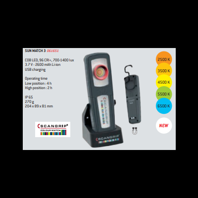 Lanterna LED preta recarregável SCANGRIP SUN MATCH 3 com base de carregamento e texto técnico