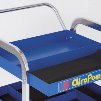 Carrinho de ferramentas metálico azul com ALça metálica e etiqueta AiroPower SYSTEM