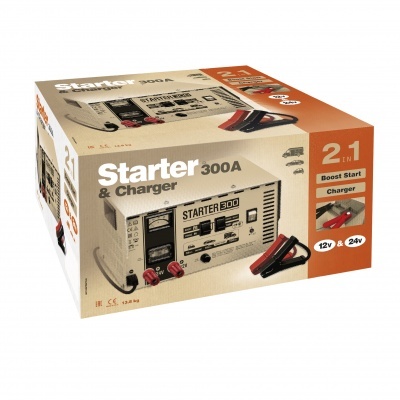Caixa do Starter 300A & Charger com imagens do aparelho e clipes