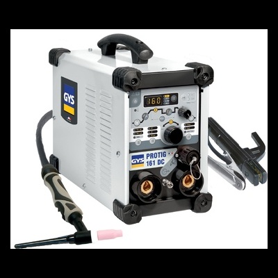 Máquina de soldar GYS Protig 161 DC branca e preta com painel frontal e cabos