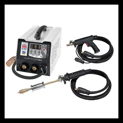 Máquina de soldadura industrial cinzenta com painéis e cabos negros em fundo branco