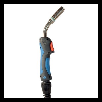 Pistola de soldadura preta e azul com ponta metálica