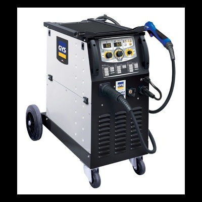 Máquina de soldar GYS metálica cinza e preta com painel frontal e manípulo azul sobre rodas