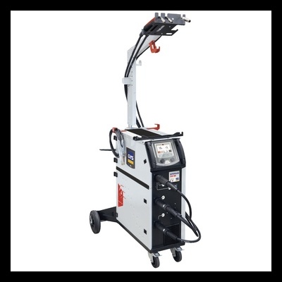 Equipamento industrial móvel branco e preto com rodas e cabos