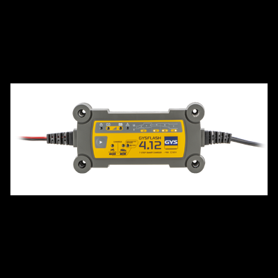 Carregador de bateria amarelo e cinzento GYSFLASH 4.12 com conexões vermelha e preta