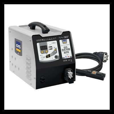 Máquina de soldar GYS DUTION AUTO cinza e preto com cabo e painel digital.