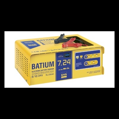 Carregador de baterias elétrico amarelo BATIUM 7.24 com garras preta e vermelha