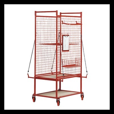 Prateleira móvel vermelha de arame com rodas e prancheta