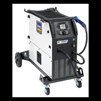 Máquina de soldar industrial branca e preta com visor digital e rodas