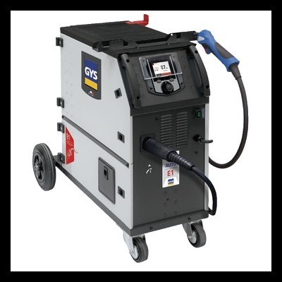 Equipamento de soldadura GYS com pistola azul e preta em rodas