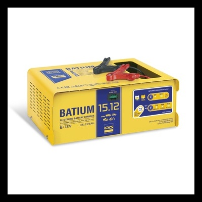 Carregador de bateria amarelo BATIUM 15.12 com garras e etiquetas em fundo branco