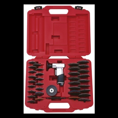 Conjunto de ferramenta pneumática com pistola e escovas abrasivas em estojo vermelho