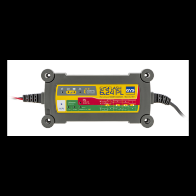 Carregador de bateria GYSFLASH 6.24 PL cinzento com etiquetas coloridas e cabos