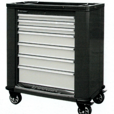 Carrinho de ferramentas metálico com gavetas brancas e rodízios pretos