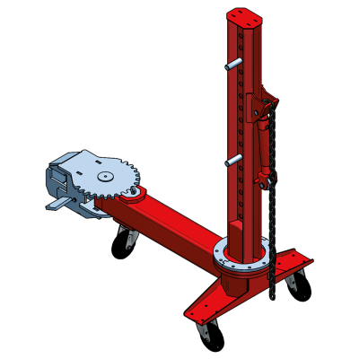 Dispositivo mecânico vermelho e cinza com rodas e corrente