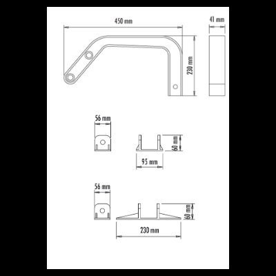 Diagrama técnico de suporte metálico branco com dimensões e vista lateral