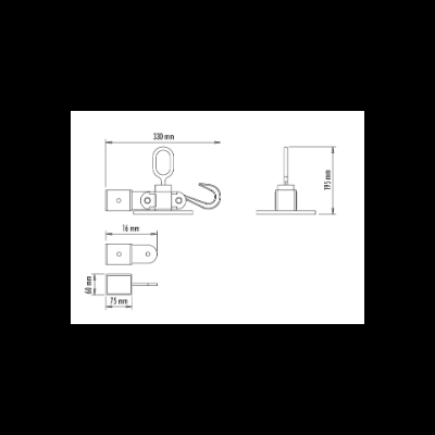 Desenho técnico de dispositivo metálico com gancho e olhal, com dimensões em milímetros