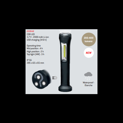 Lanterna LED preta com painel luminoso e três LEDs adicionais na base, texto técnico e ícones de impermeabilidade e USB