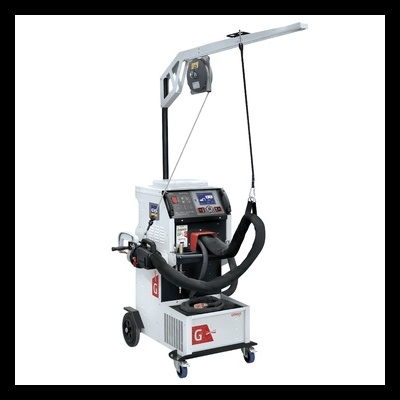 Máquina industrial branca com painel digital, alças e rodas