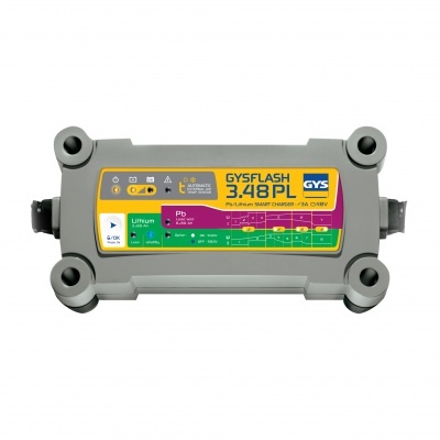 Carregador inteligente GYSFLASH 3.48PL com caixa cinzenta e etiqueta colorida