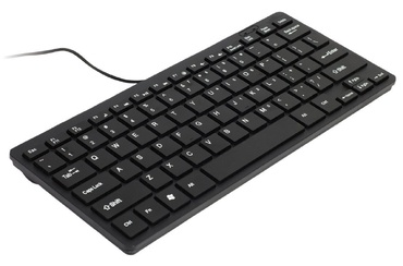 Teclado preto compacto com fios e teclas em português QWERTY