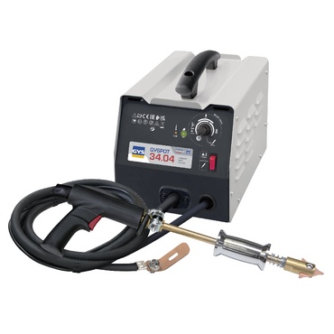 Maquina de soldar GYSPOT 34.04 branca com armação e pistola preta