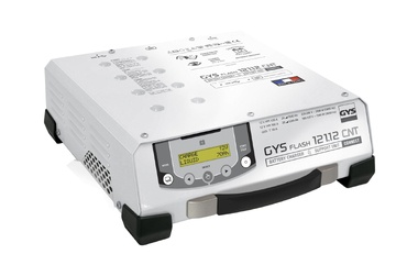 Carregador de bateria GYS branco com visor LCD amarelo e botões