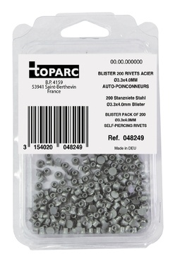 Blister transparente com 200 rebites auto-perfurantes de aço TOPARC