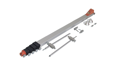 Ferramenta para traçar círculos com itens metálicos e vermelhos sobre fundo branco