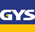 Logótipo GYS branco e amarelo sobre fundo azul e amarelo