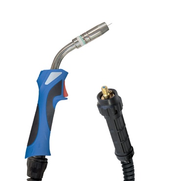 Manga de soldadura azul e preta com bocal metálico e cabo