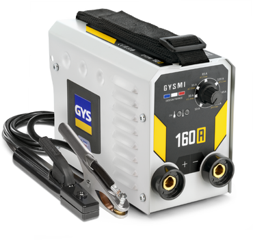 Soldadora GYSMI branca com detalhes amarelos e pretos e cabos com garras de metal