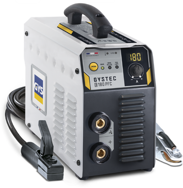 Máquina de soldar GYSTEC G 180 PFC branca e cinzenta com visor digital e cabos