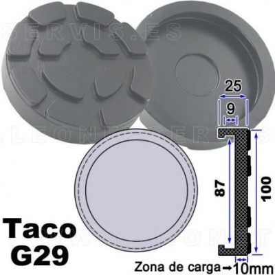 Taco plástico preto com textura e medidas indicadas, texto Taco G29 e Zona de carga.