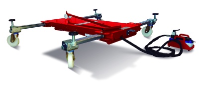 Estrutura móvel vermelha com rodas brancas e braços ajustáveis em fundo branco