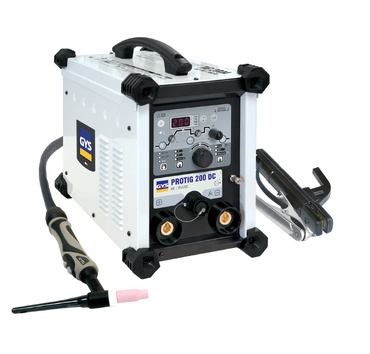 Máquina de soldar GYS PROTIG 200 DC branca e preta com cabo e suporte de eletrodo.