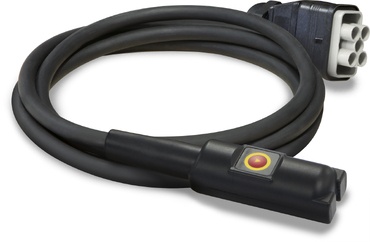 Cabo preto com conector e botão vermelho