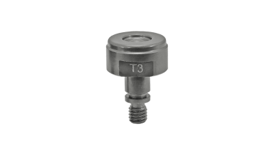 Peça metálica pequena com parafuso e etiqueta 'T3'