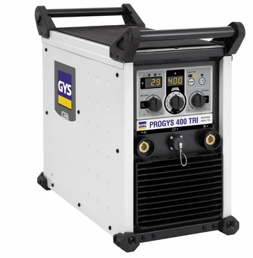 Máquina de soldar branca e preta GYS PROGYS 400 TRI com painel frontal digital