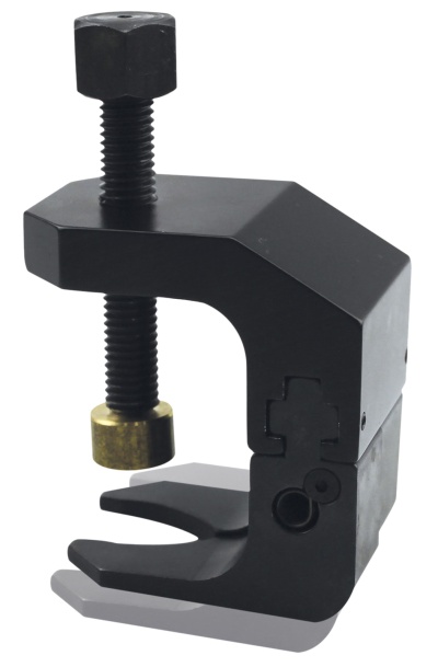 Aparelho de fixação metálico preto com parafuso e ponta em latão