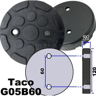 Peças pretas circulares Taco G05B60 com desenho técnico de medidas em fundo branco